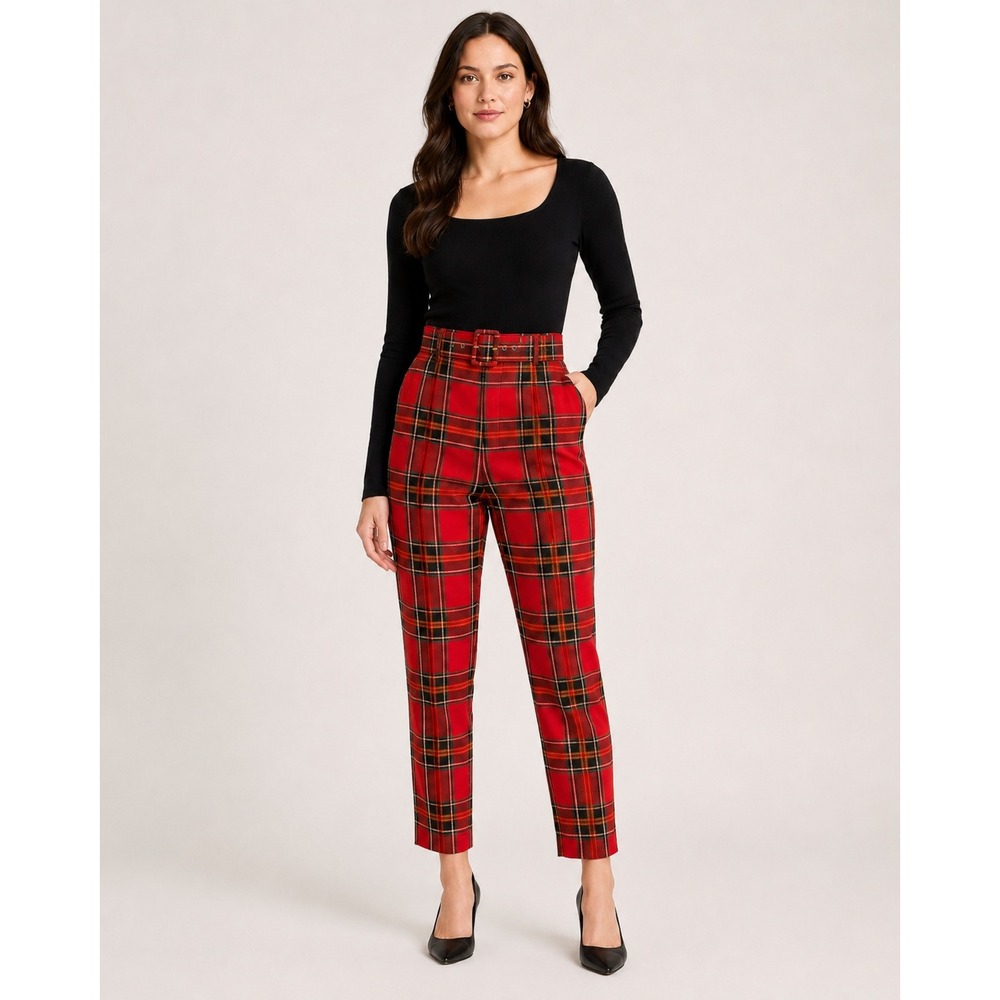 Collectif London Plaid Trousers L Red Tartan Belted Equestrian Heritage Prep